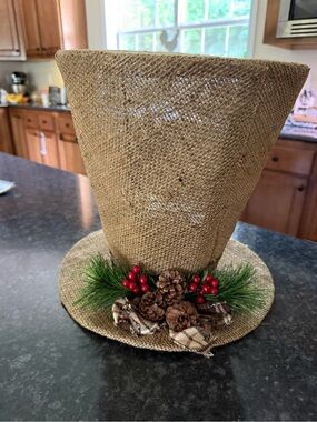Burlap Holiday Top Hat Decoration with Pinecones & Red Berries